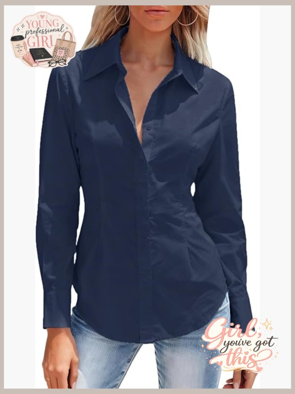 Women's Button Down Shirt Long Sleeve Wrinkle Free Collared Fitted Dress Blouse
